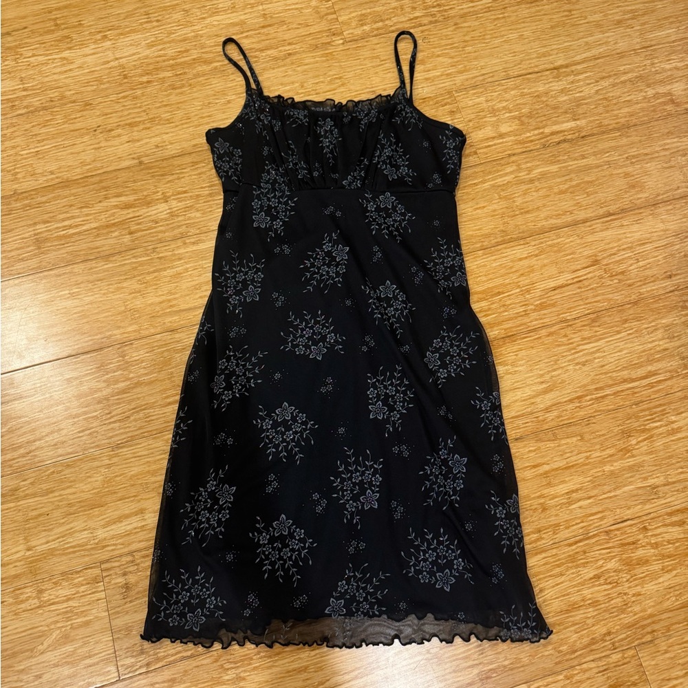 Xhilaration black silver floral print babydoll sleeveless mini dress